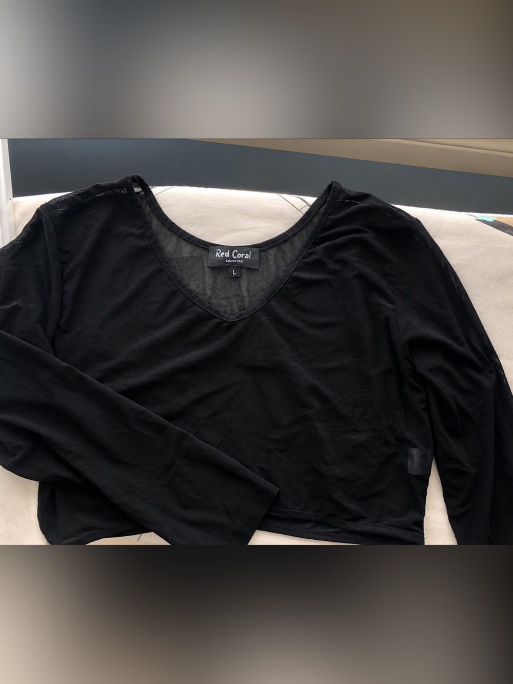 Red Coral Black Sheer Short 3/4 Sleeve Scoop Neck Top